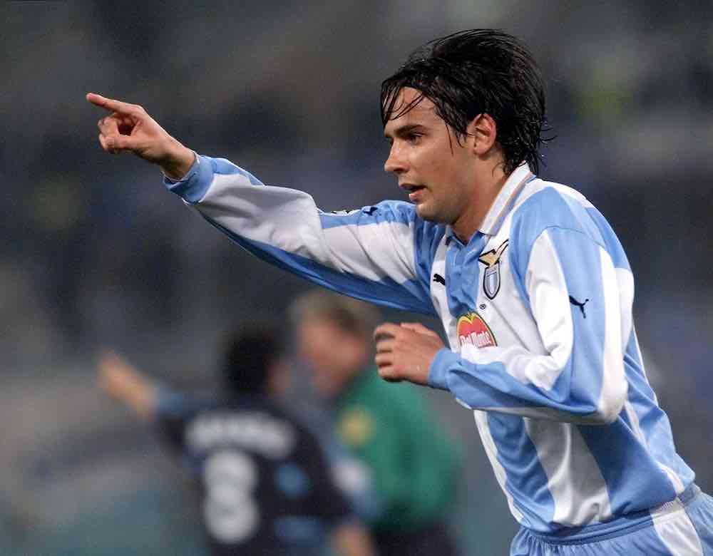 ROME, ITALY:  Lazio Rome's forward Simone Inzaghi jubilates after he scored his third goal, during the Champion's League, Group D, game Lazio Rome vs Olympique de Marseille, 14 March 2000, at the Olympic Stadium in Rome.  (ELECTRONIC IMAGE) (Photo credit should read GABRIEL BOUYS/AFP via Getty Images)